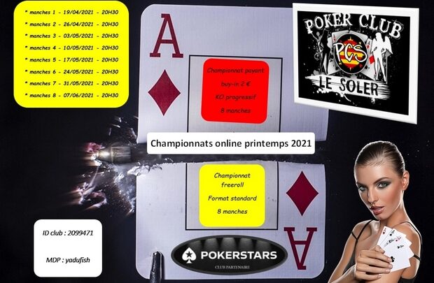 Printemps 2021 : 2 championnats online ouverts à tous par Poker Club Le Soler.